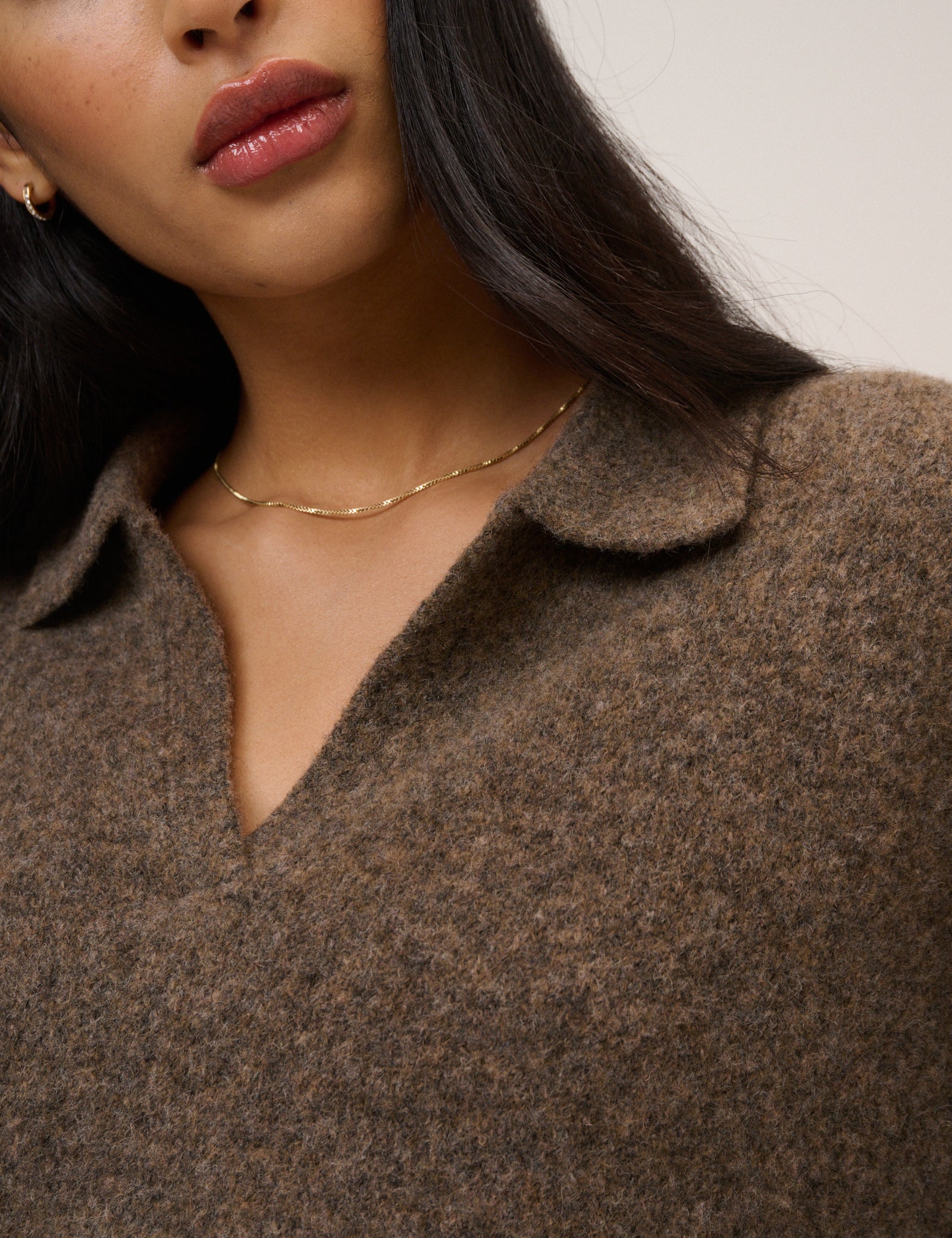 Brown Open Collar Polo Knitted Jumper