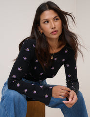 Black Floral Printed Flute Sleeve Top