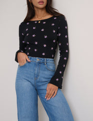 Black Floral Printed Flute Sleeve Top