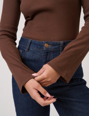 Brown Ribbed Flute Sleeve Top