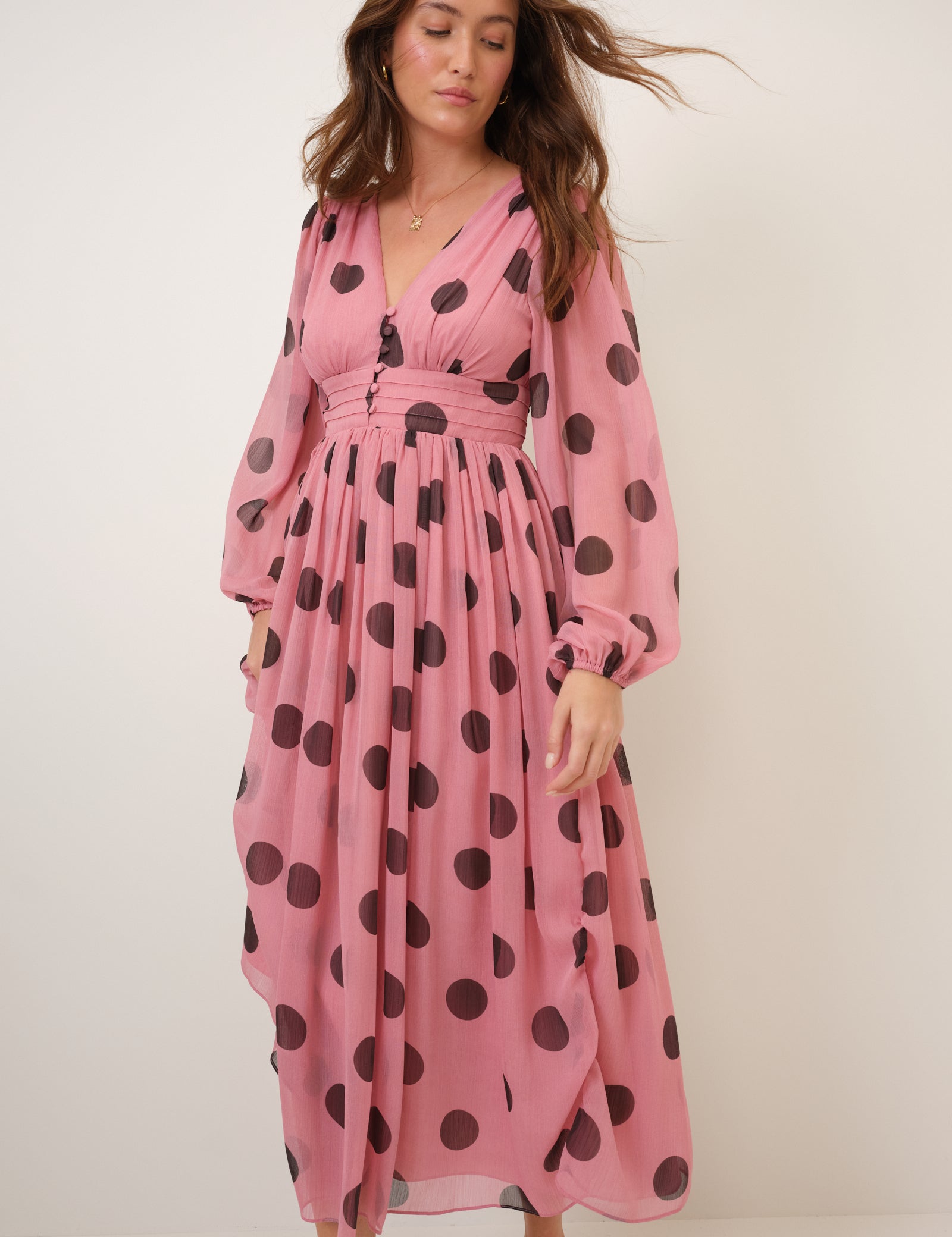 Pink Polka Dot Balloon Sleeve Anya Midi Dress