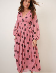 Pink Polka Dot Balloon Sleeve Anya Midi Dress