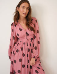 Pink Polka Dot Balloon Sleeve Anya Midi Dress