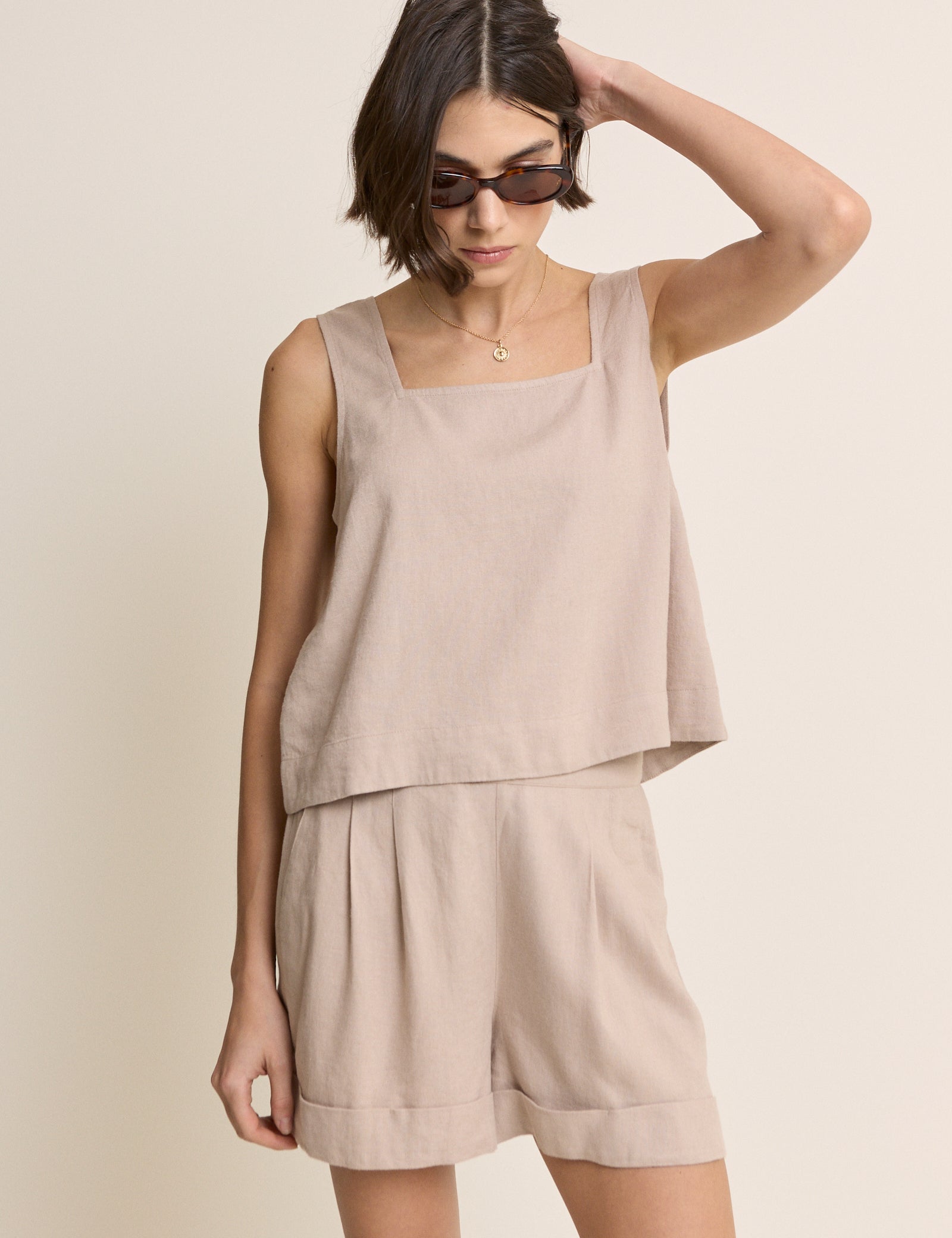 Beige Linen-blend Top