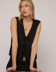 Black Linen-Blend Tie Front Tessa Top