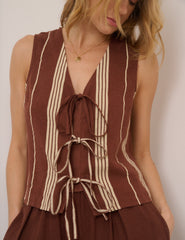 Brown Striped Linen-Blend Tie Front Tessa Top