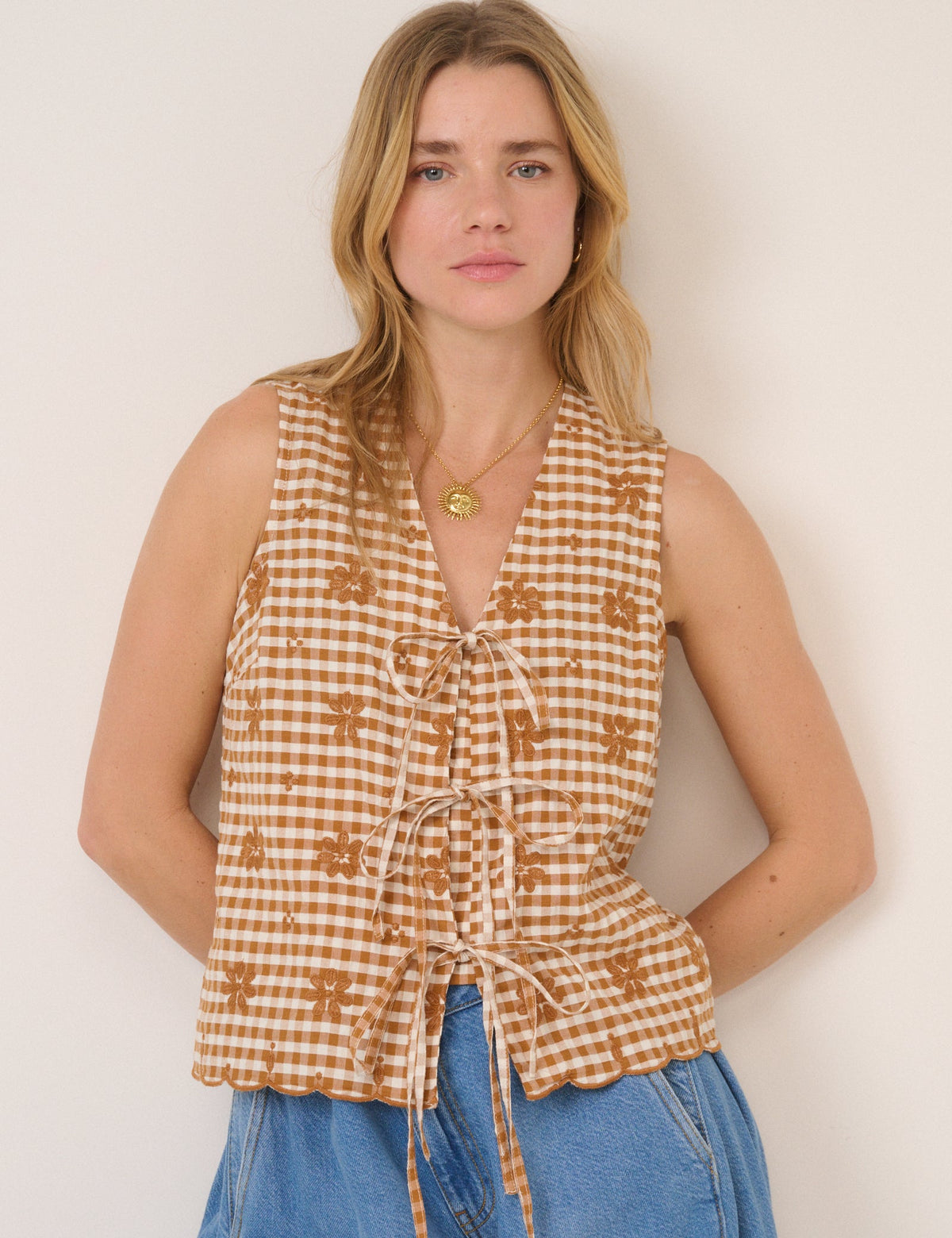 Orange Gingham Floral Tie Front Tessa Top