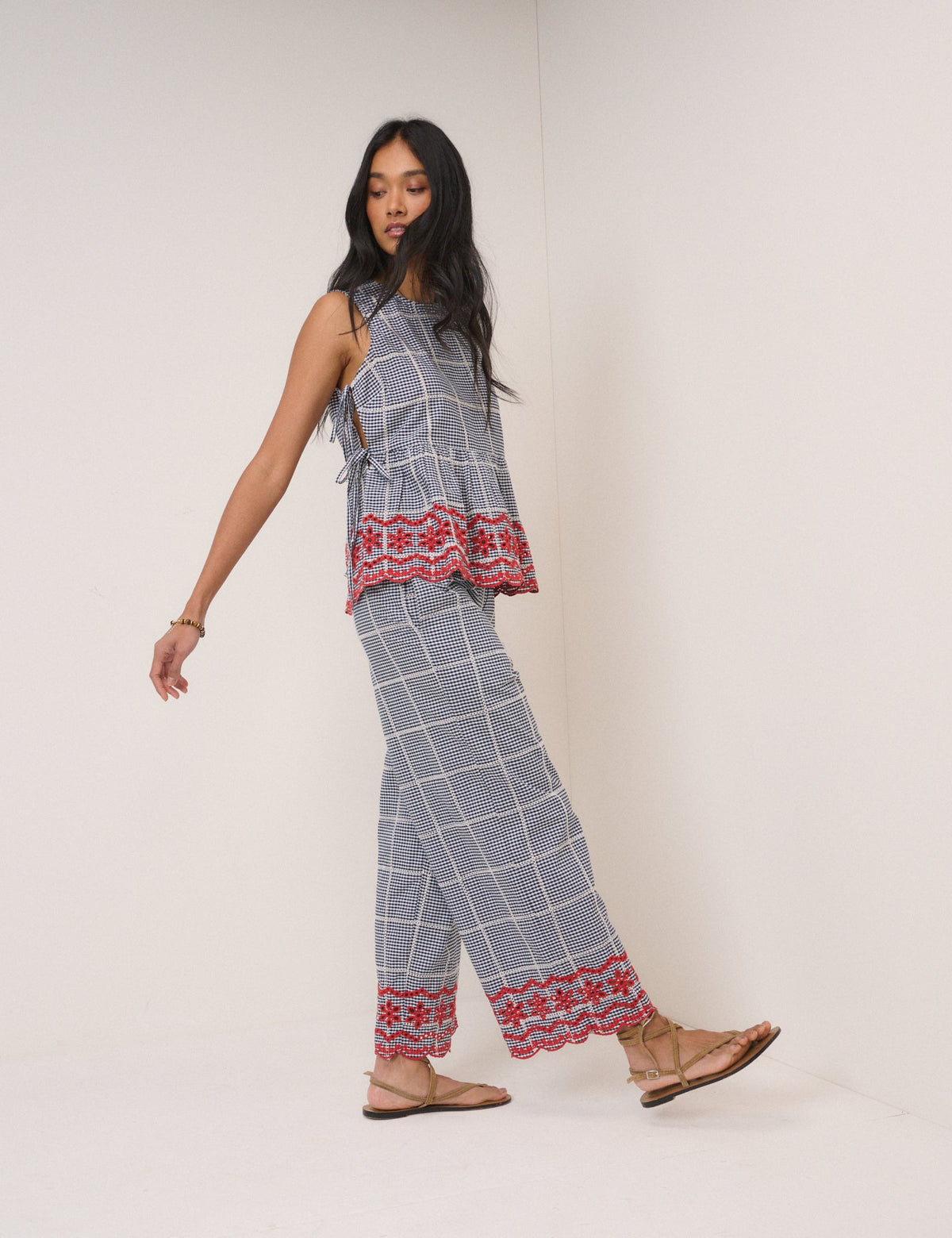 Black Gingham Embroidered Top & Trouser Set