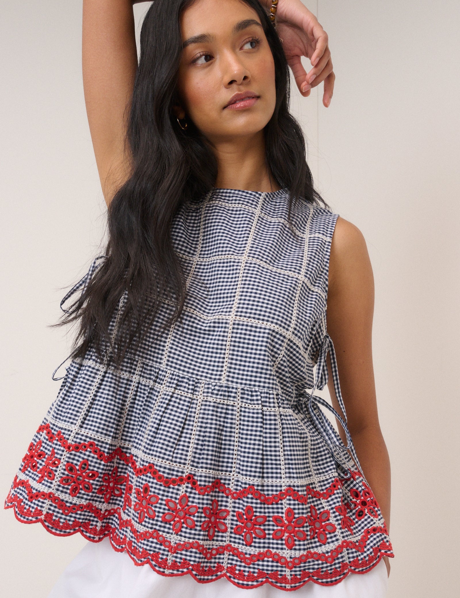 Black Gingham Embroidered Top & Trouser Set