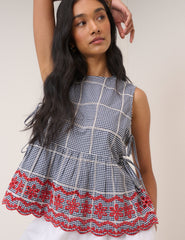 Black Gingham Embroidered Top & Trouser Set