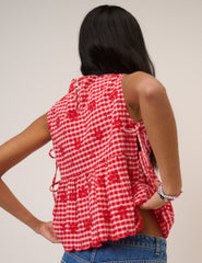 Red Gingham Sleeveless Tie Side Top