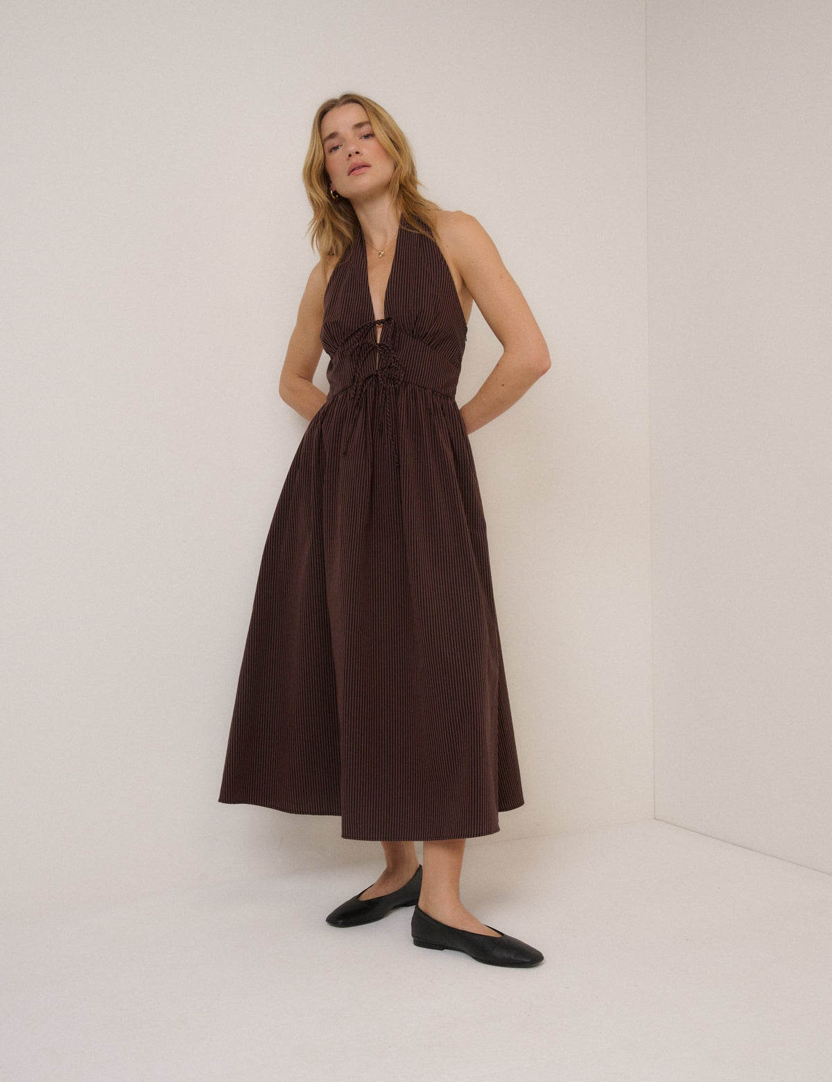 Brown Stripe Lilijana Halter Neck Midi Dress
