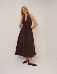 Brown Stripe Lilijana Halter Neck Midi Dress