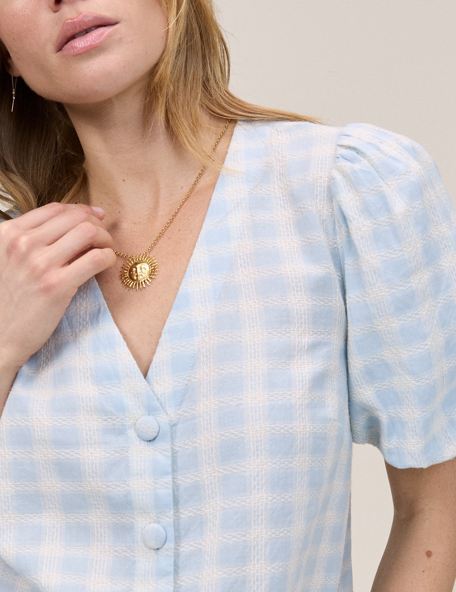 Blue Gingham Puff Sleeve Brooke Top