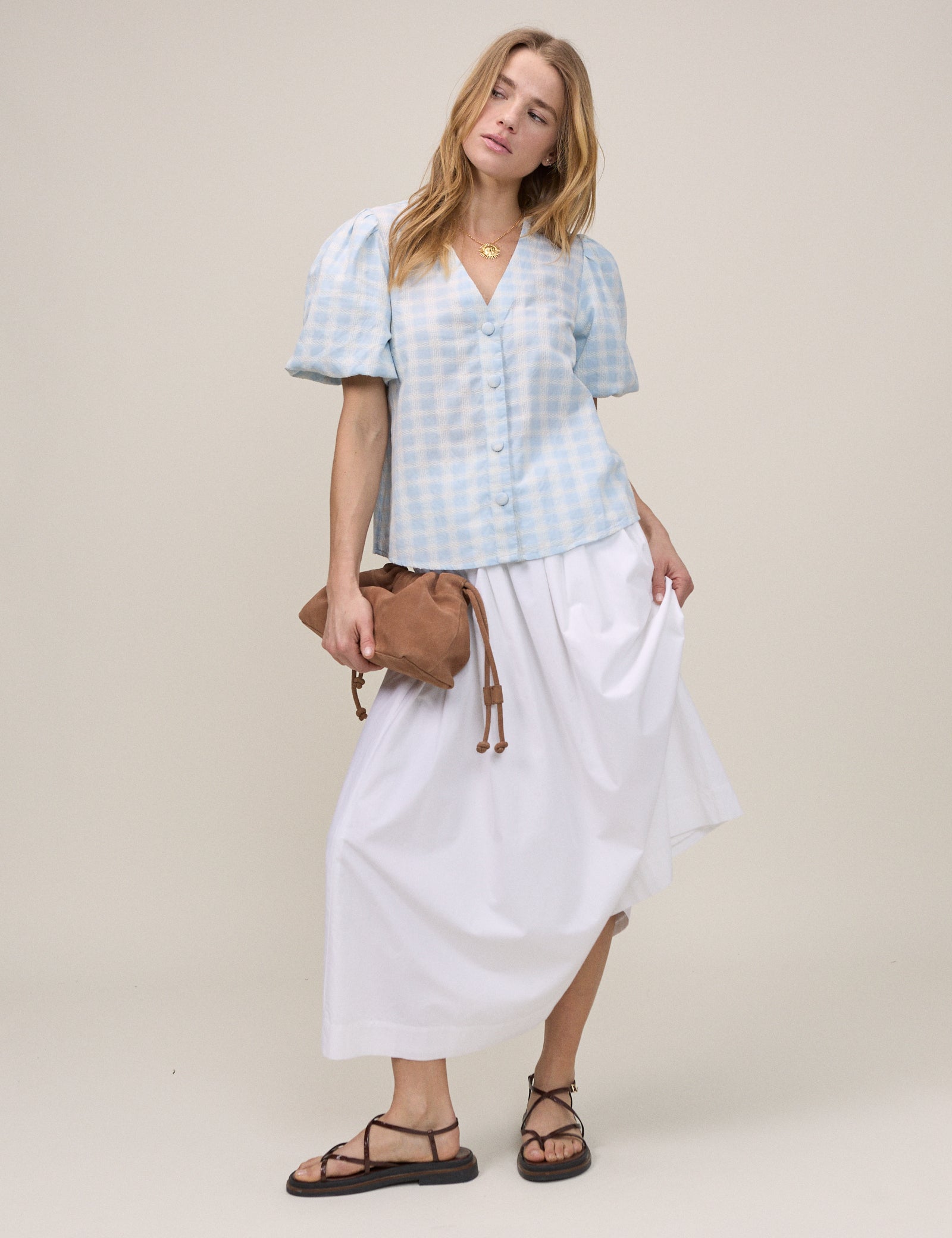 Blue Gingham Puff Sleeve Brooke Top