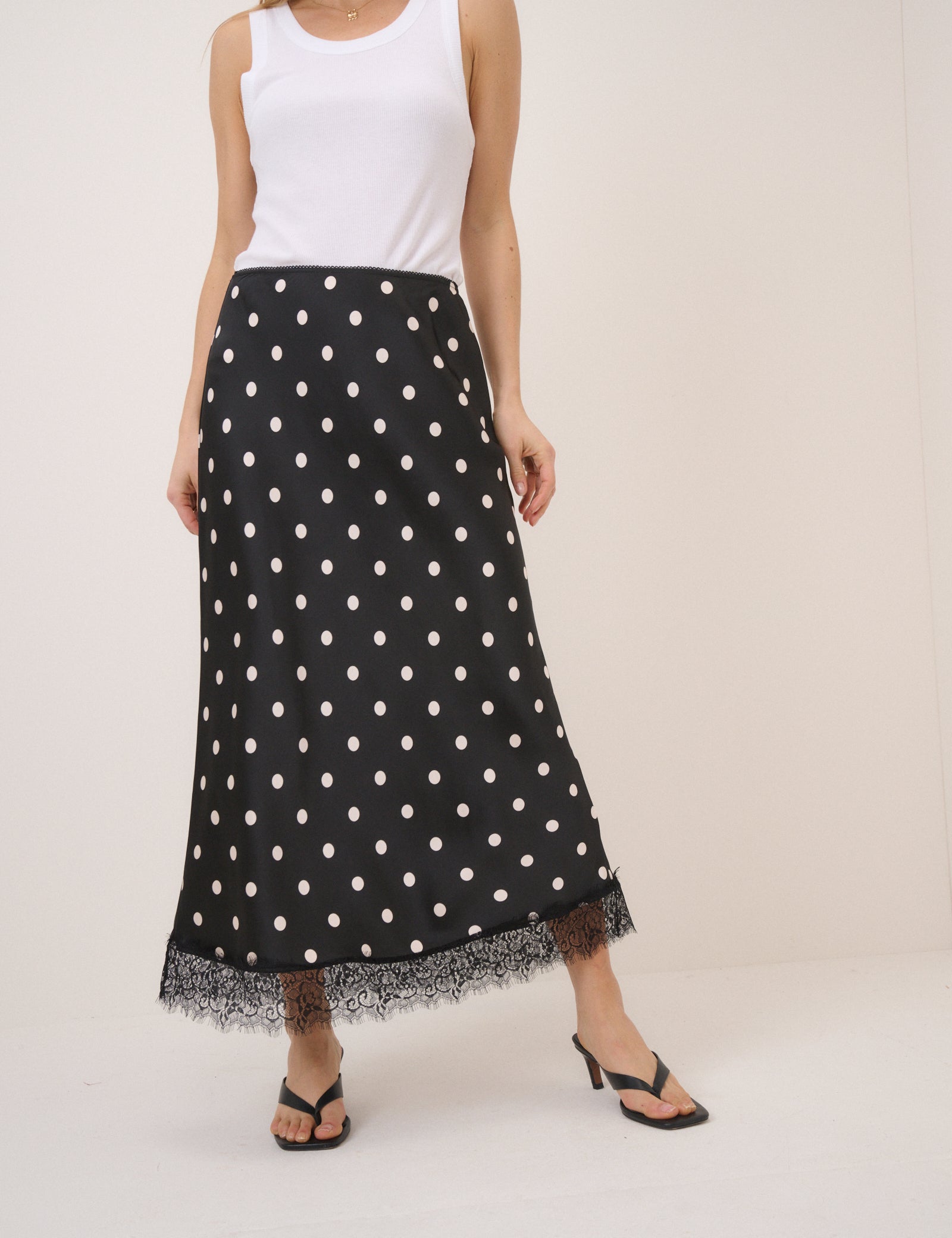 Black Polka Dot Lace Trim Mila Midi Skirt