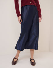 Navy Satin Mila Midi Skirt