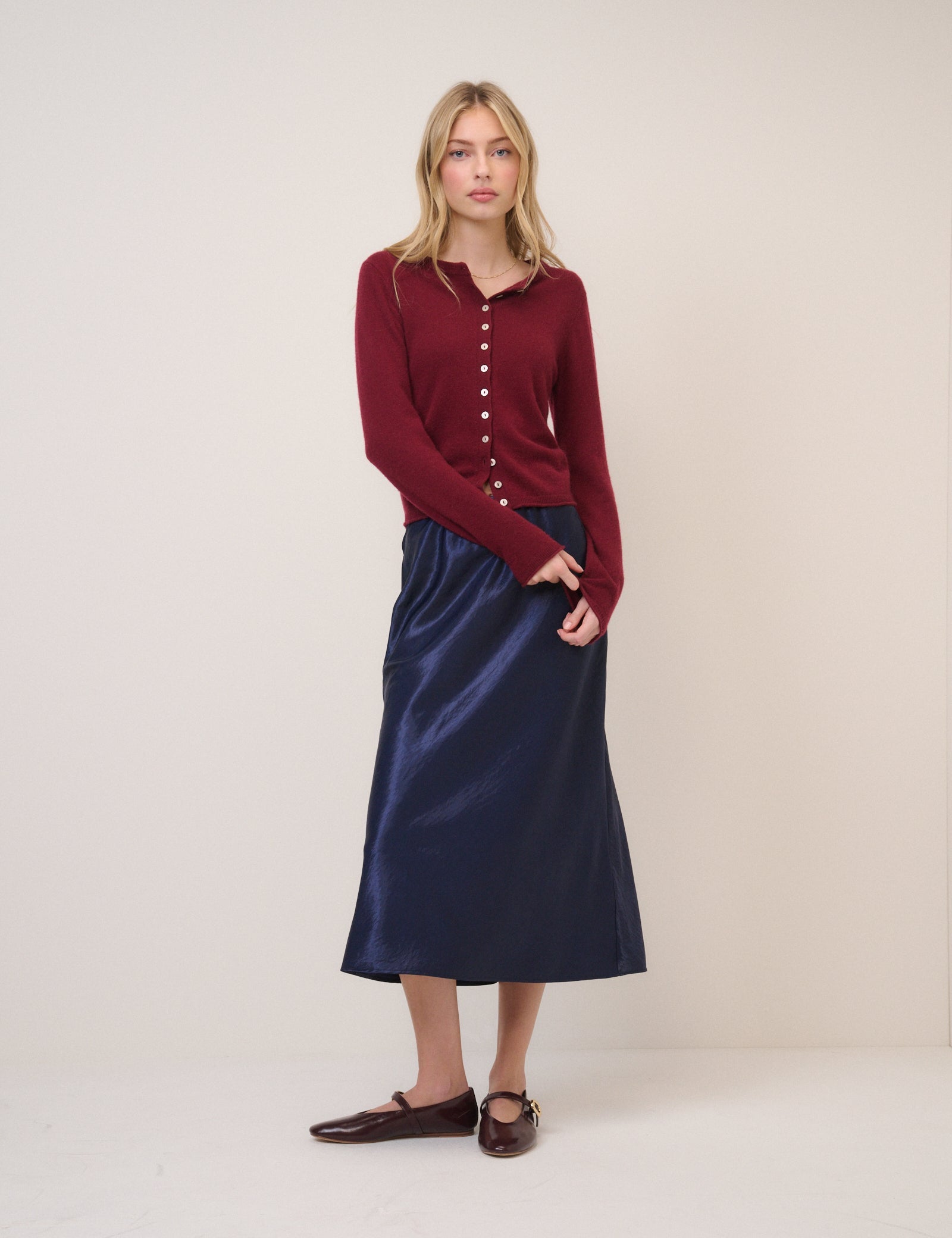 Navy Satin Mila Midi Skirt