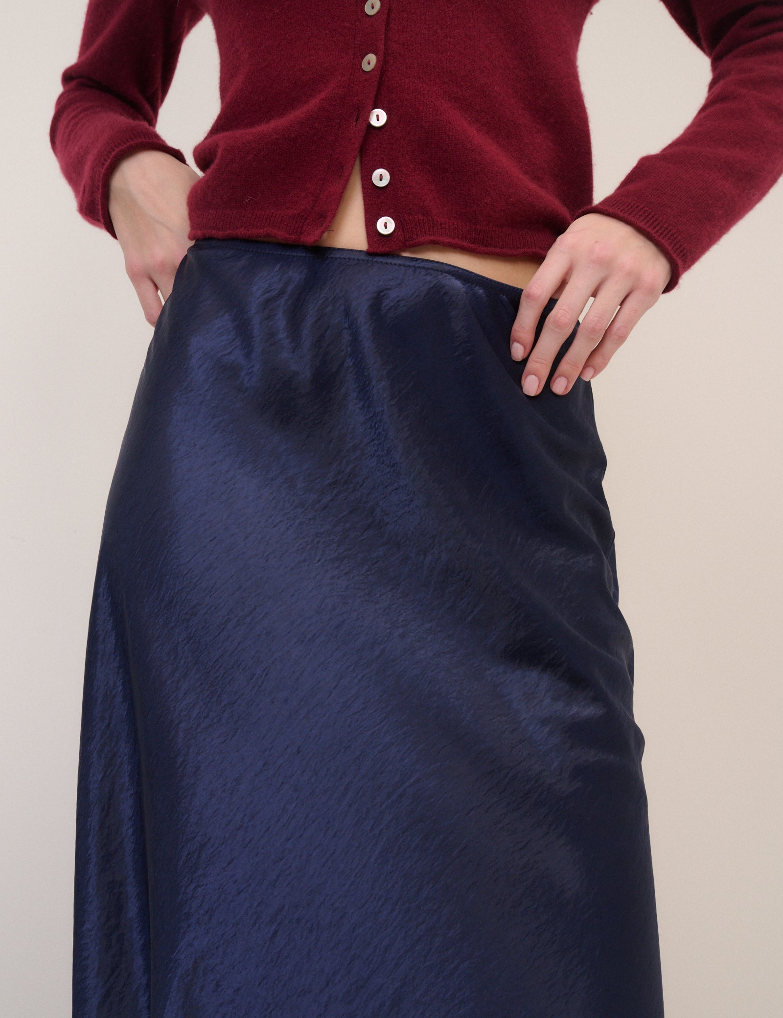 Navy Satin Mila Midi Skirt
