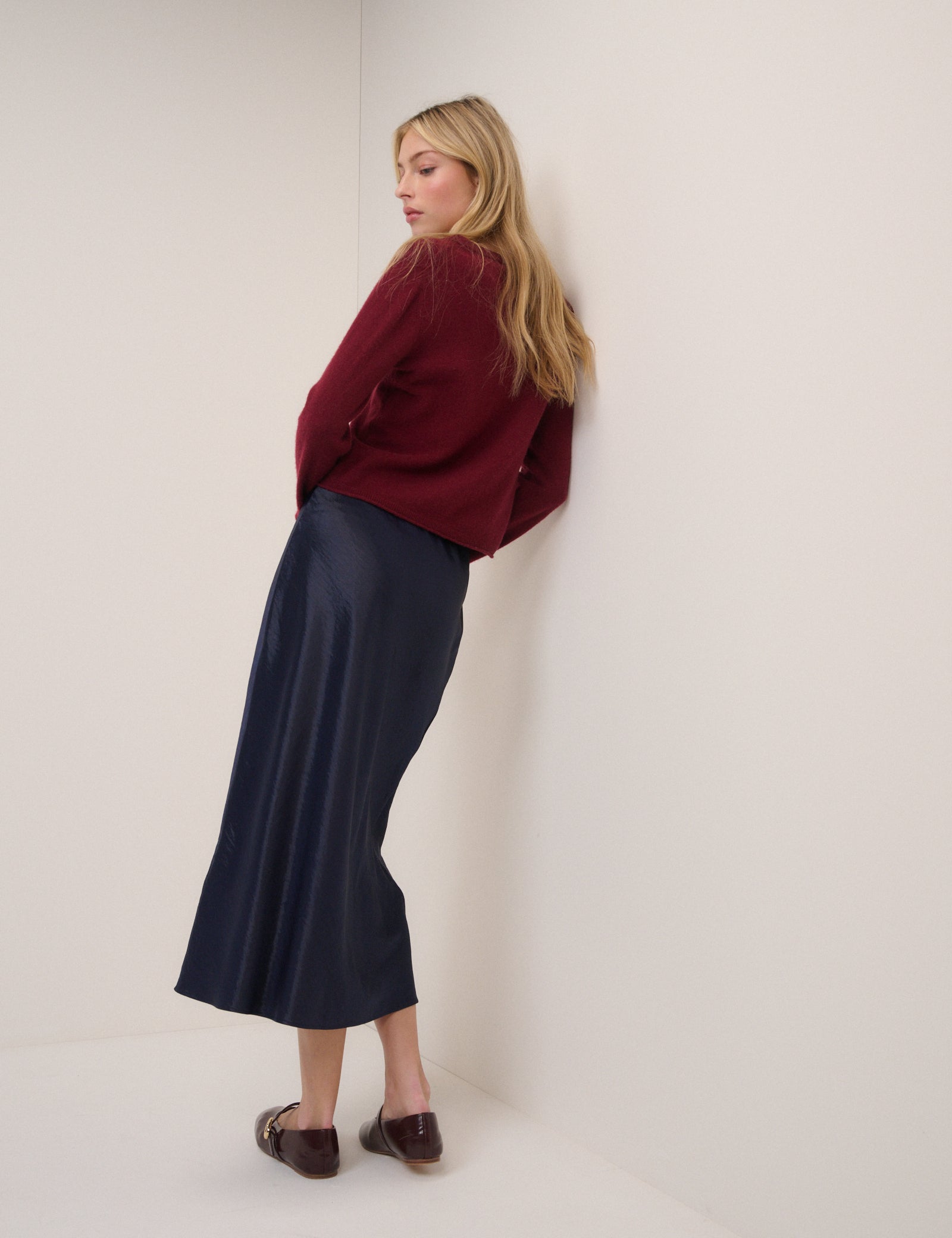 Navy Satin Mila Midi Skirt
