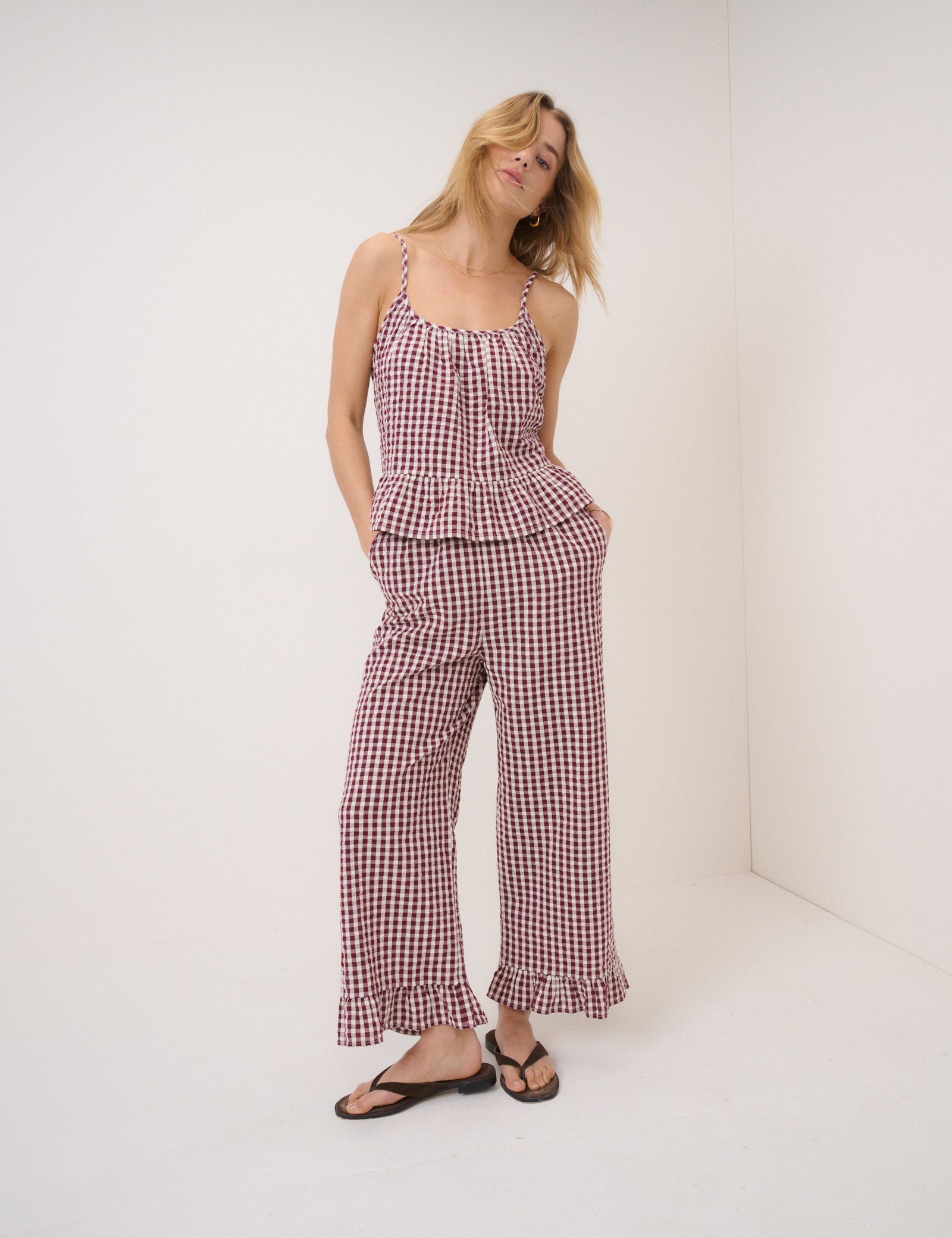 Burgundy Gingham Top & Trouser Set
