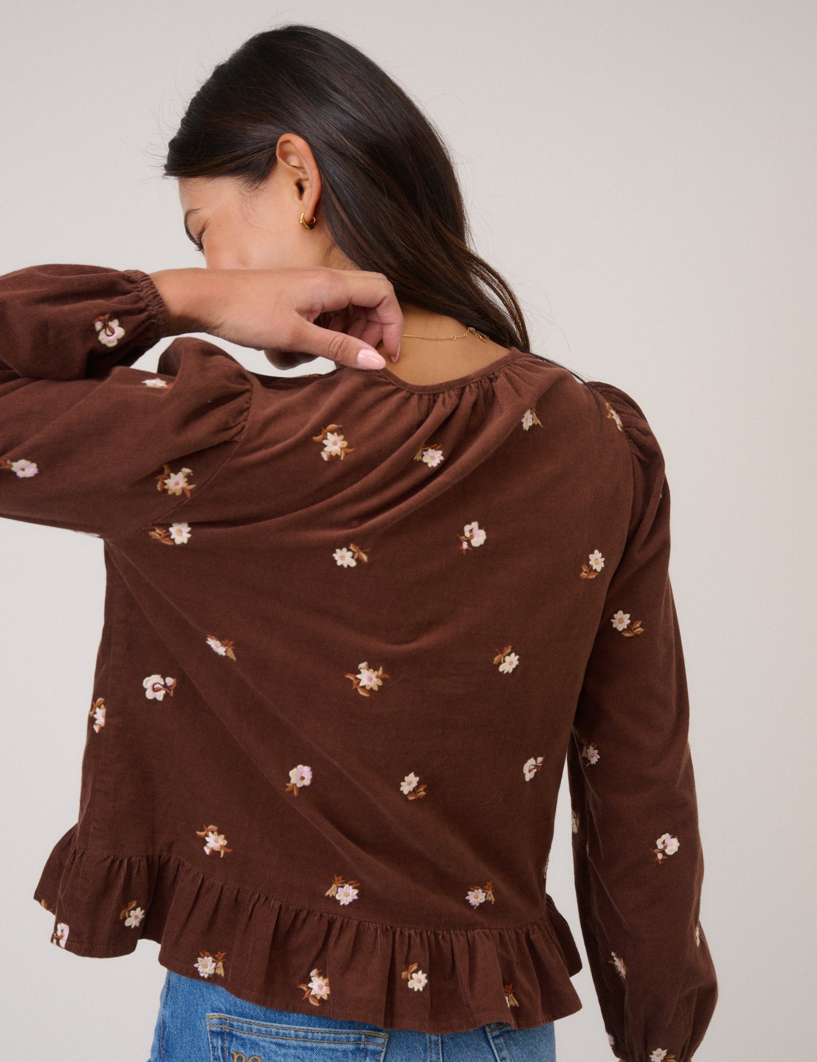 Brown Cord Floral Embroidered Frill Blouse