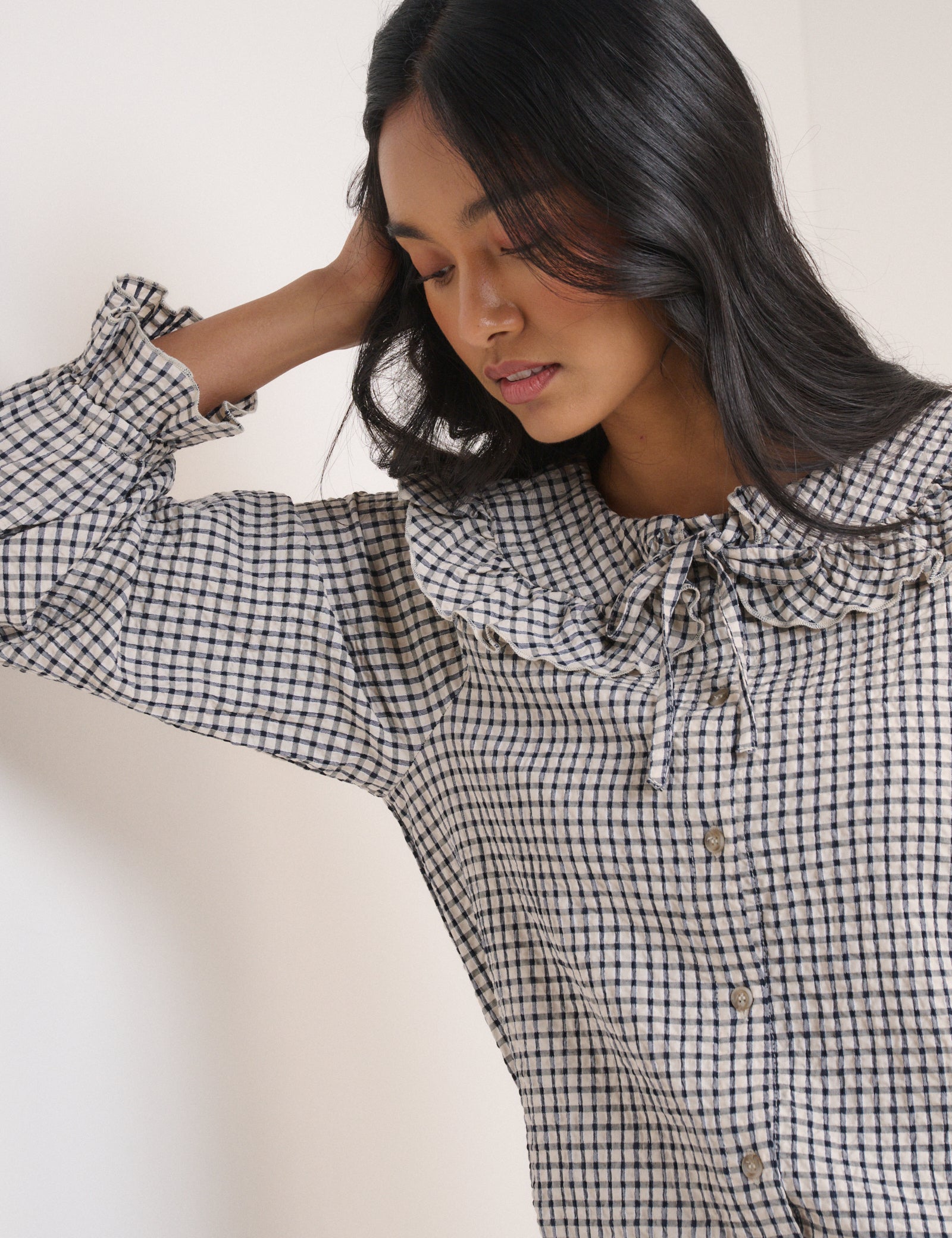 White Check Frill Collar Blouse
