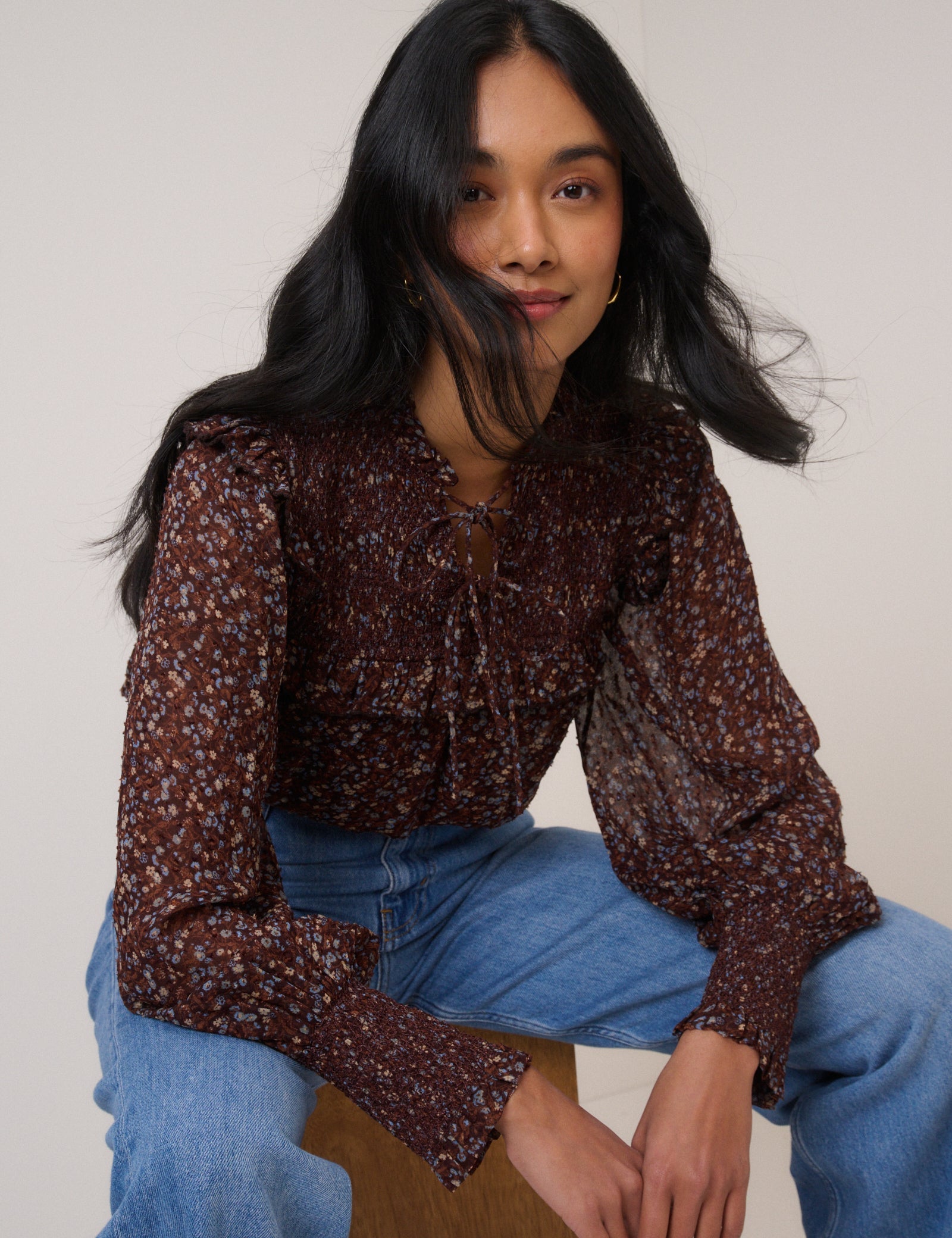 Brown Ditsy Floral Balloon Sleeve Blouse