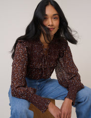 Brown Ditsy Floral Balloon Sleeve Blouse