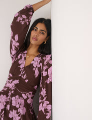 Brown And Pink Floral Luna Midi Dress