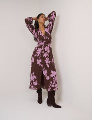 Brown And Pink Floral Luna Midi Dress