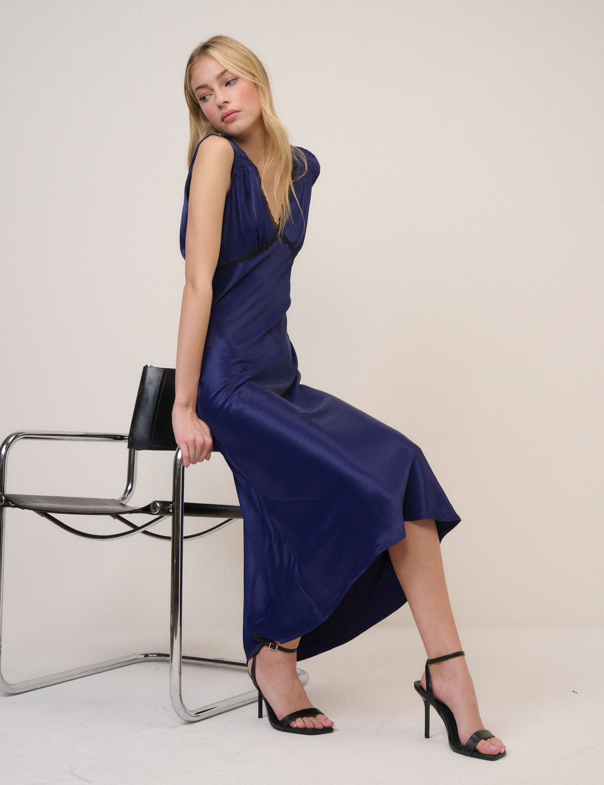Navy Satin Ria Midi Dress
