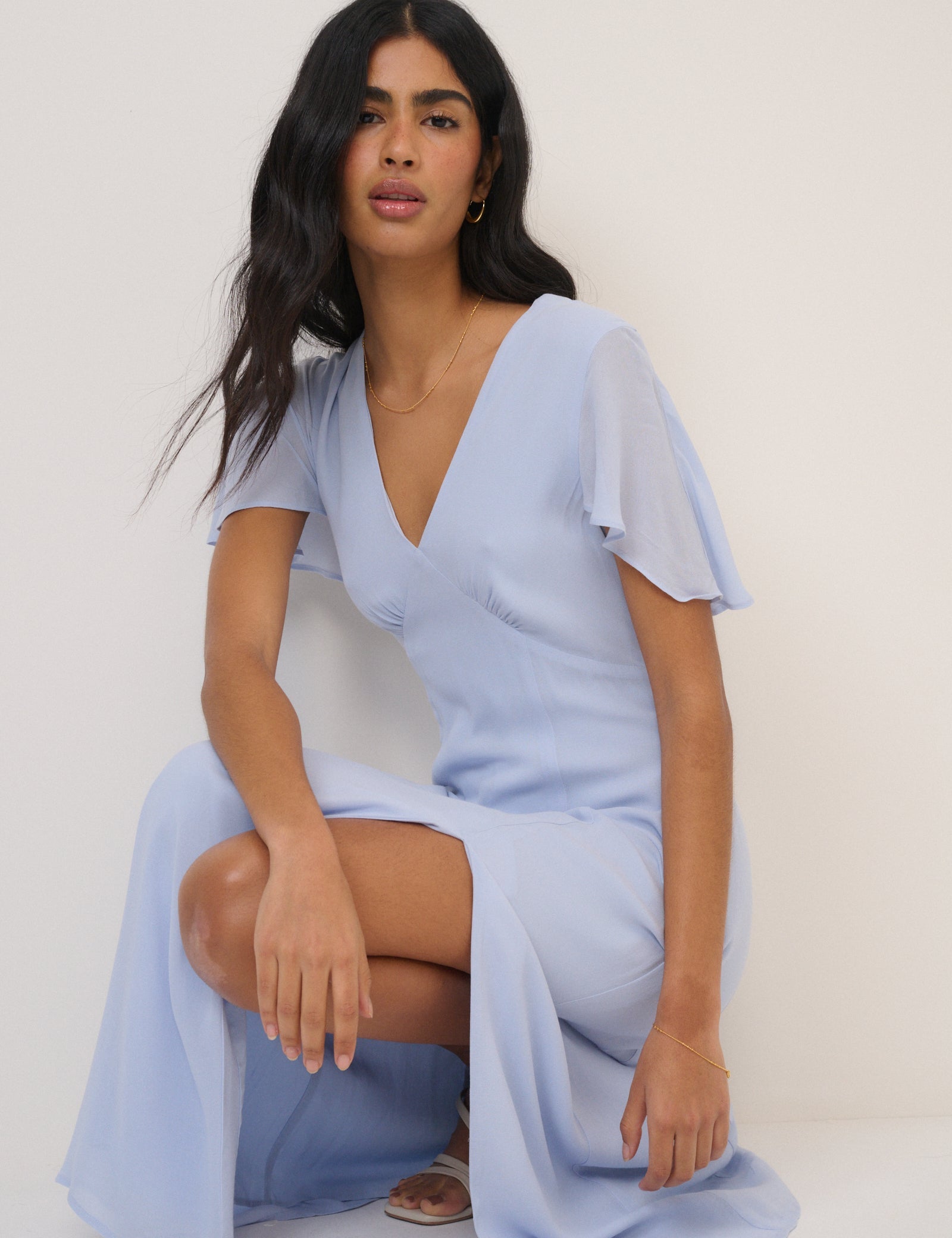 Soft Blue Chiffon Short Sleeve Marlow Midi Dress