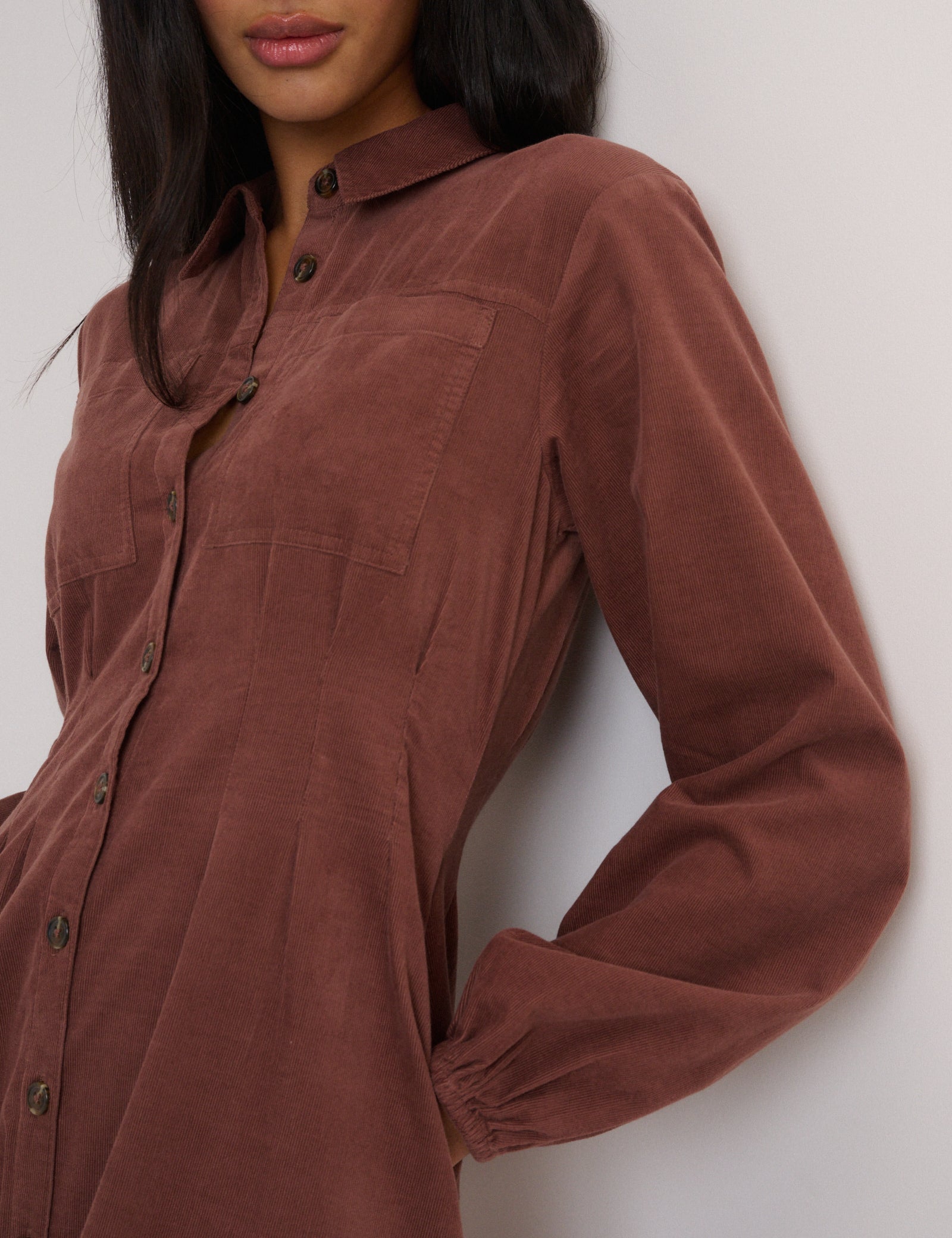 Brown Cord Balloon Sleeve Montego Midi Dress
