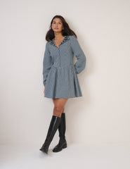 Blue Gingham Balloon Sleeve Mini Dress