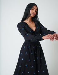 Navy Floral Embroidered Balloon Sleeve Alysia Midi Dress
