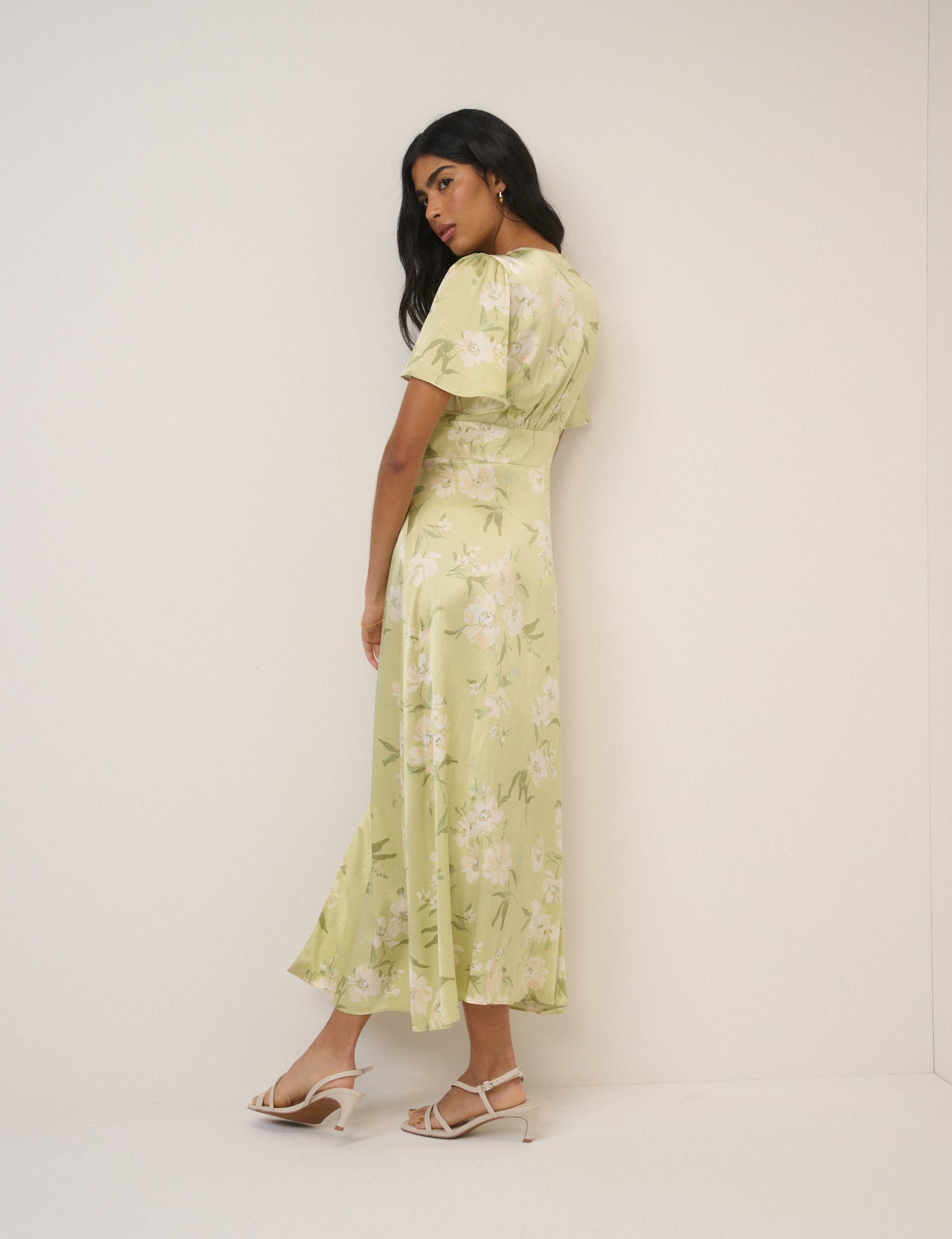 Sage Green Floral Satin Erin Maxi Dress