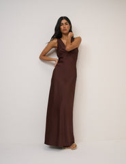 Chocolate Brown Satin Joey Maxi Dress