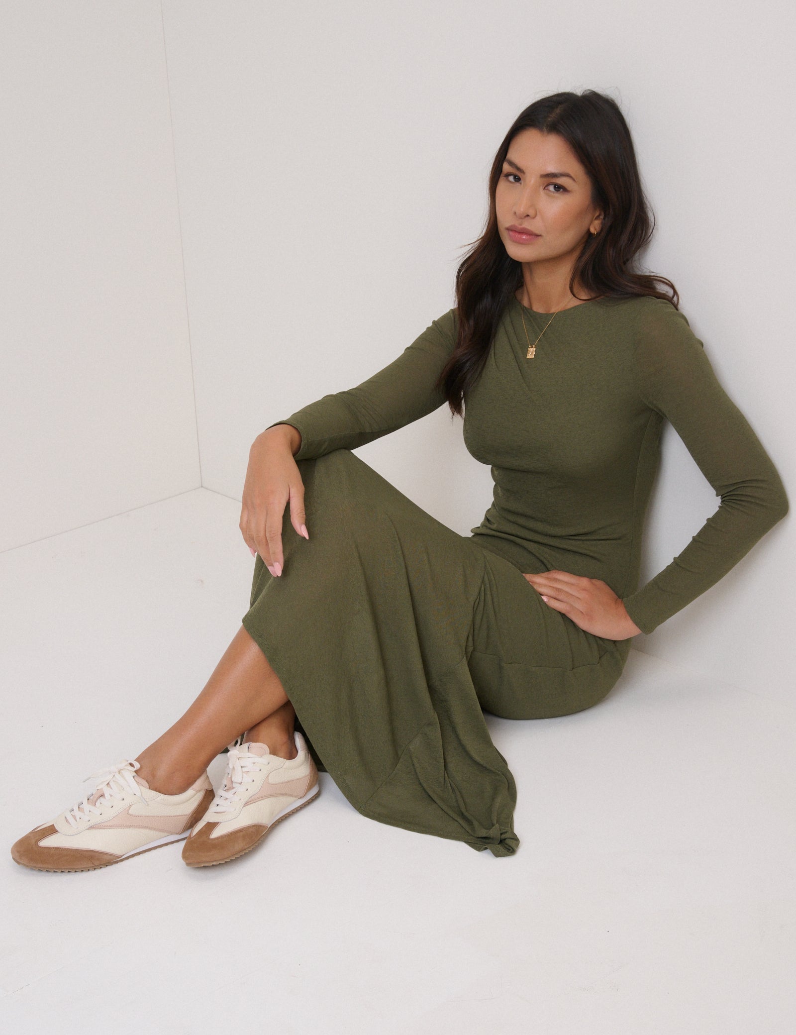 Green Long Sleeve Draped Tallulah Jersey Midi Dress