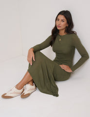 Green Long Sleeve Draped Tallulah Jersey Midi Dress