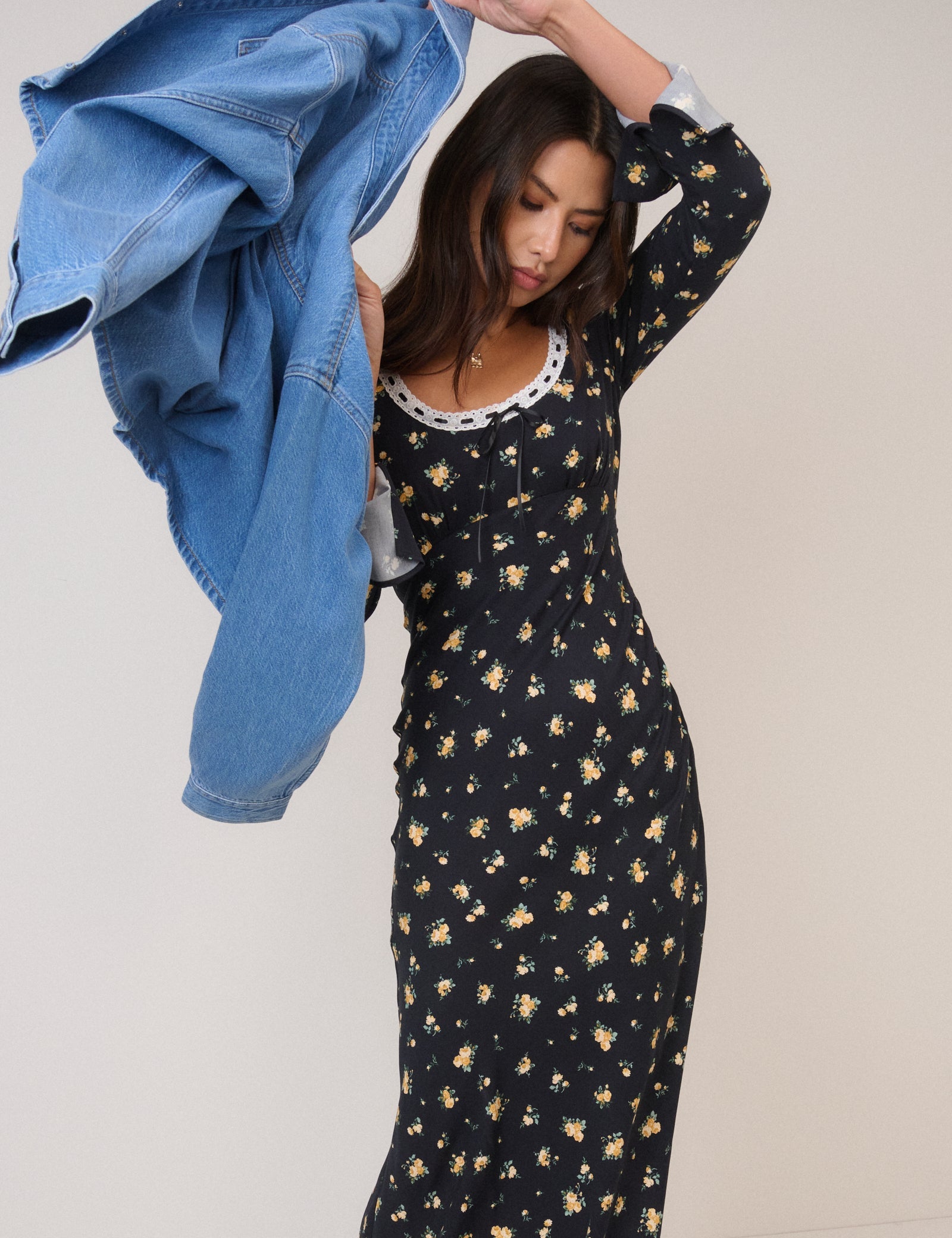 Black Floral Long Sleeve Naples Midi Dress