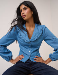 Blue Denim Frill Long Sleeve Blouse