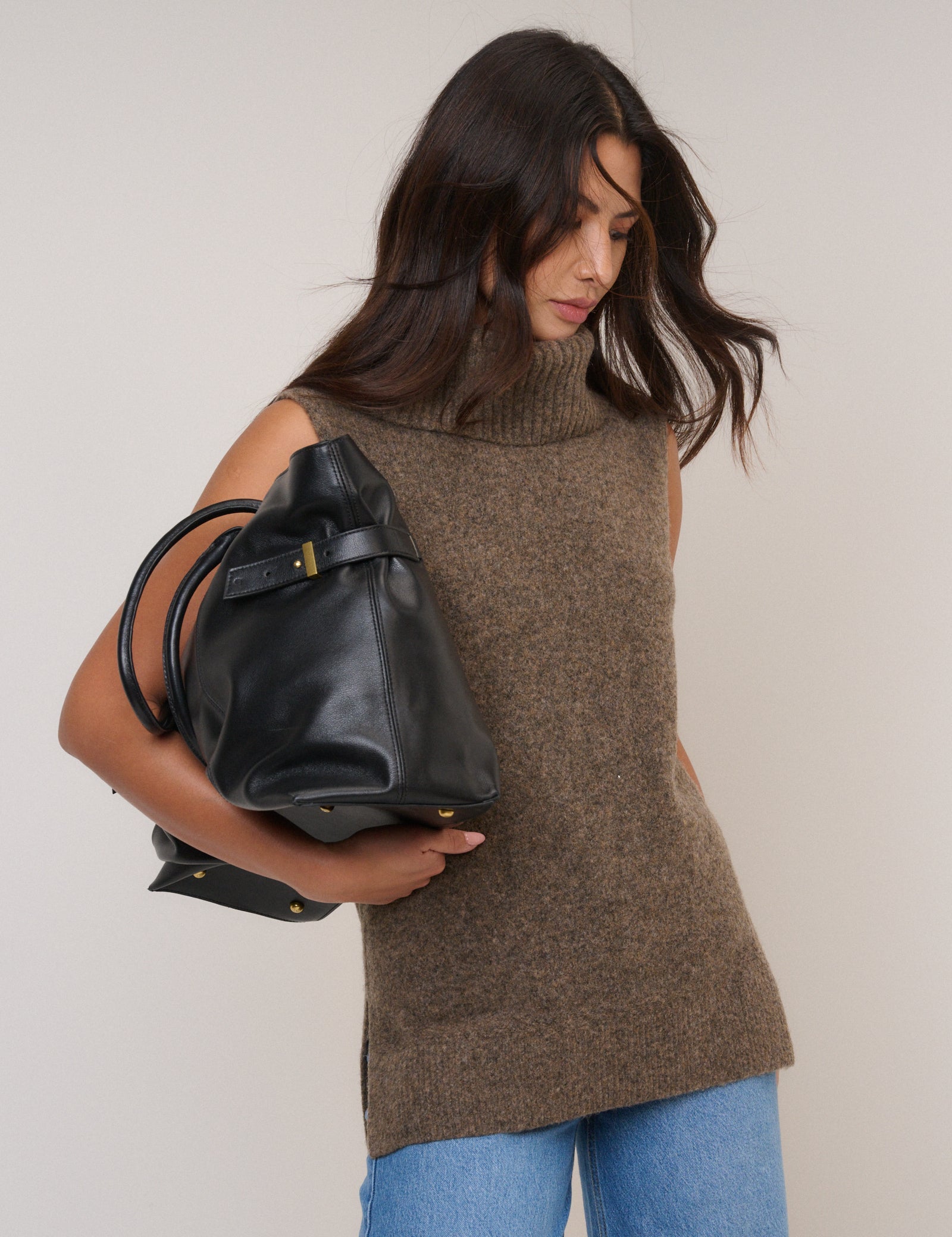 Brown Roll Neck Knitted Vest