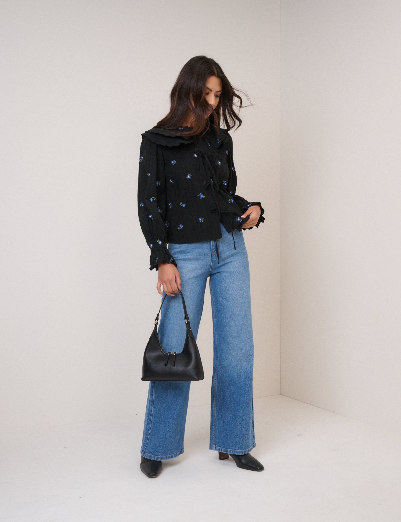 Navy Floral Embroidered Tie Front Top
