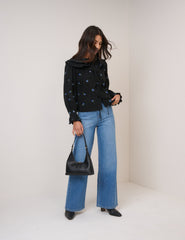 Navy Floral Embroidered Tie Front Top