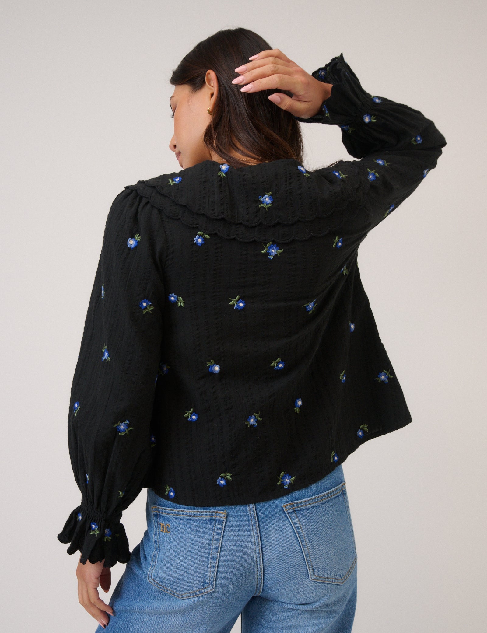 Navy Floral Embroidered Tie Front Top