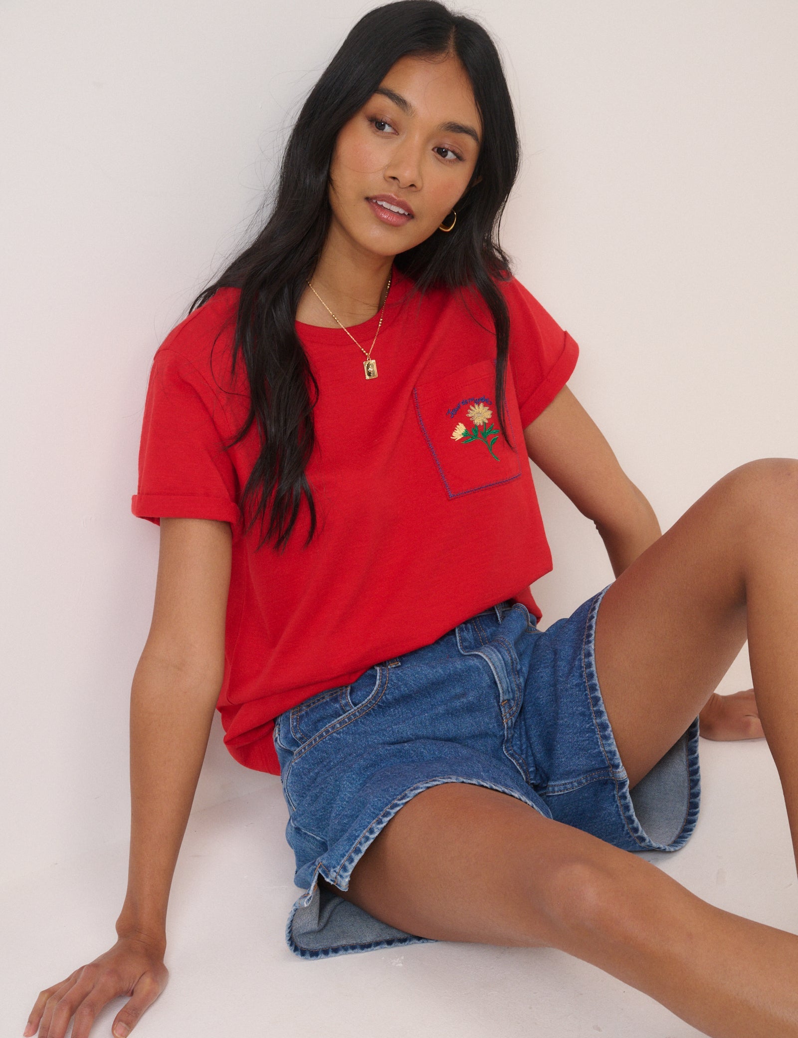 Red Embroidered Pocket T-Shirt
