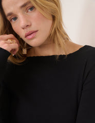 Black Boat Neck Frill Ribbed Top