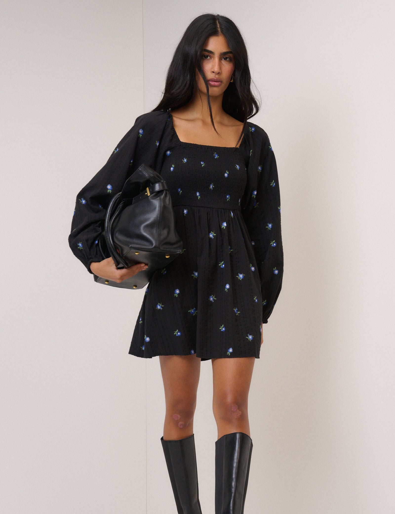 Black Ditsy Floral Long Sleeve Bella Mini Dress