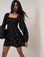 Black Ditsy Floral Long Sleeve Bella Mini Dress